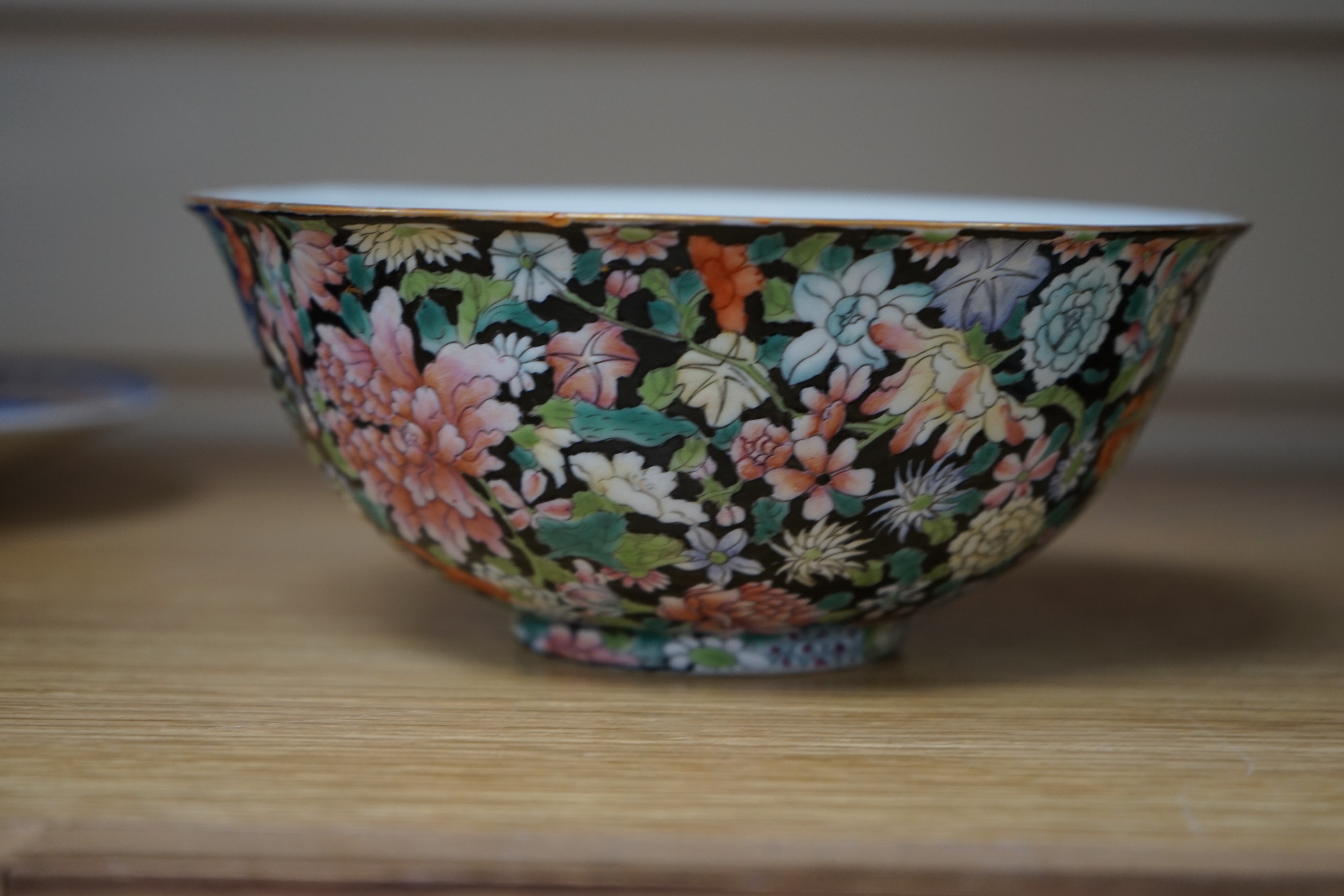 A Chinese millefleur black ground bowl, Republic period, 17cm